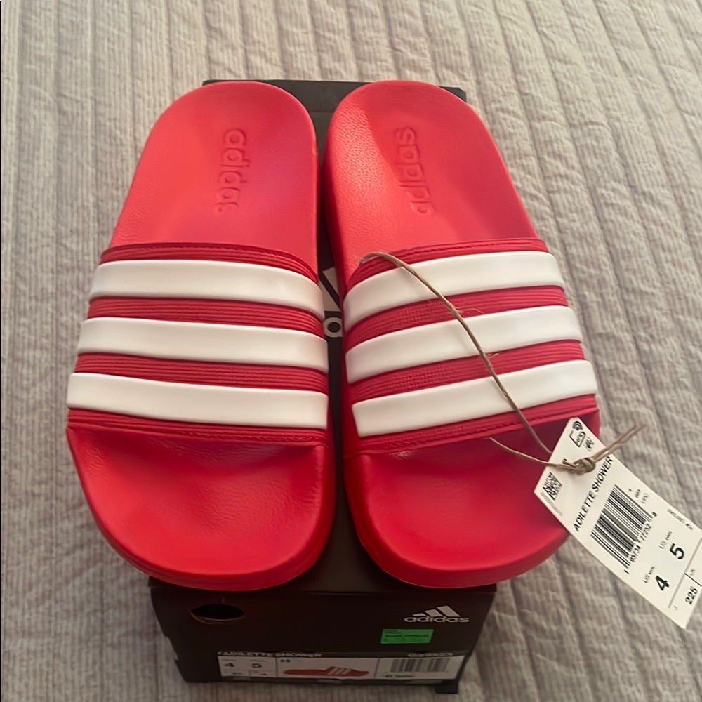 Adidas Red and White Slides. NWT